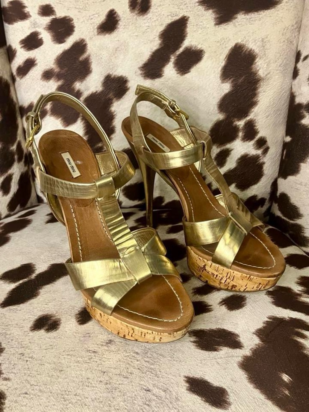 Miu Miu Metallic Gold Leather Cork Platform Heels